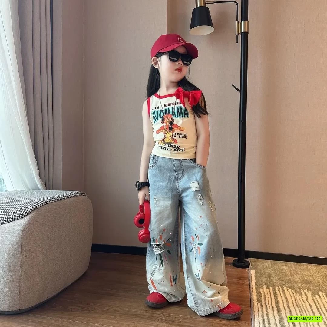 ÁO SÁT NÁCH MIX JEANS SUÔNG IN HÌNH