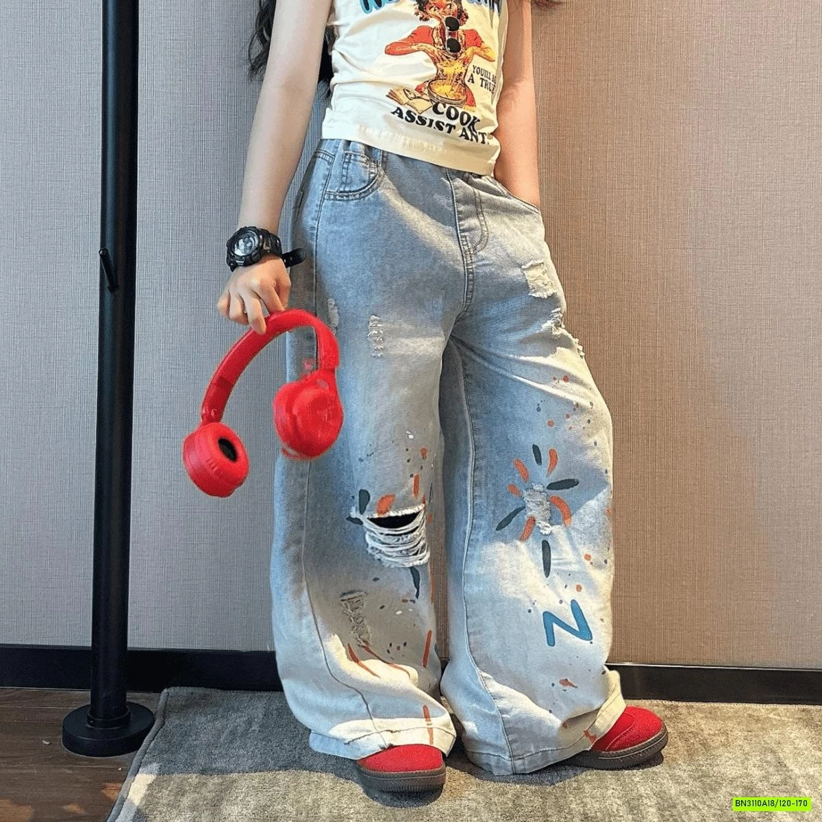 ÁO SÁT NÁCH MIX JEANS SUÔNG IN HÌNH