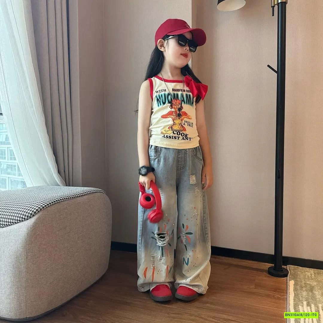 ÁO SÁT NÁCH MIX JEANS SUÔNG IN HÌNH