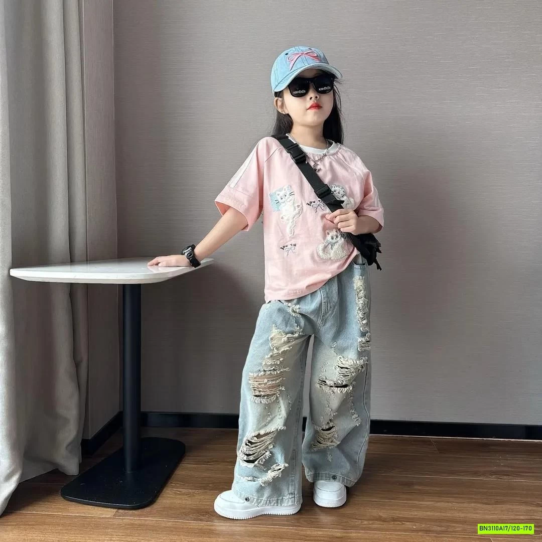 ÁO HỒNG MIX JEANS SUÔNG RÁCH