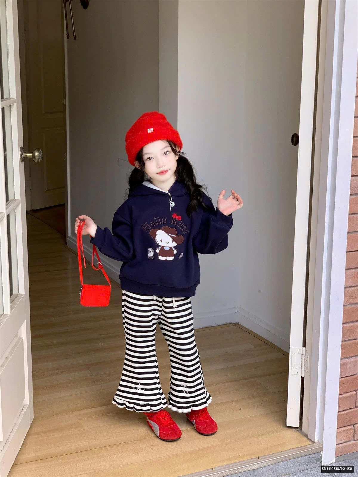 SÉT ÁO NỈ KITTY MIX QUẦN KẺ LOE