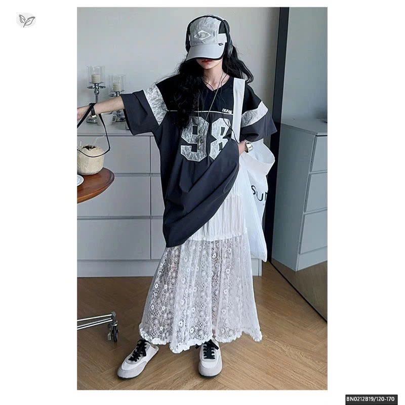 ÁO THUN THỂ THAO SỐ 98 MIX CHÂN VÁY REN DÀI