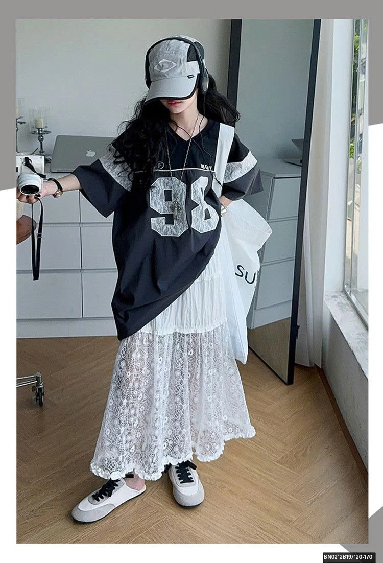 ÁO THUN THỂ THAO SỐ 98 MIX CHÂN VÁY REN DÀI