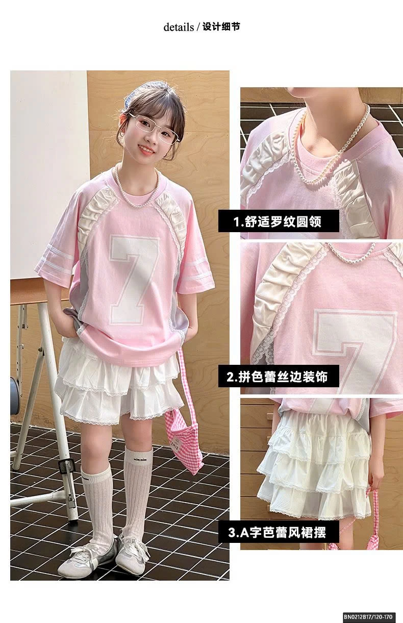 SET ÁO THUN HỒNG PHỐI REN MIX CHÂN VÁY TẦNG BÈO