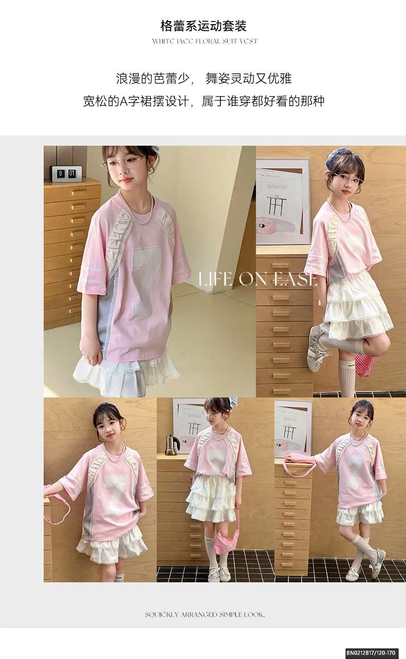 SET ÁO THUN HỒNG PHỐI REN MIX CHÂN VÁY TẦNG BÈO