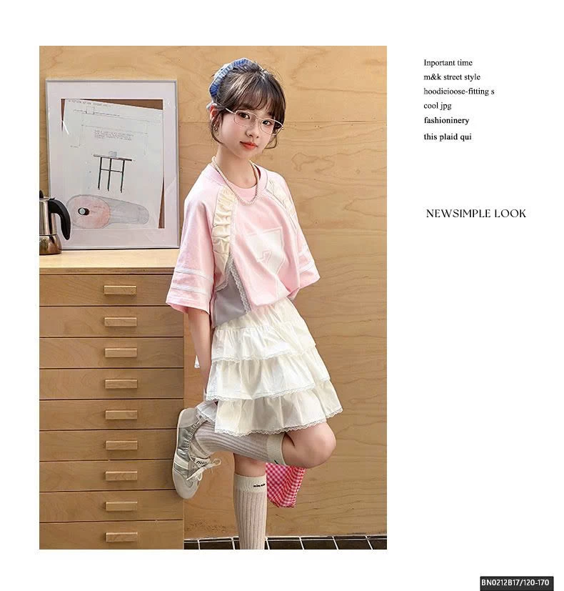 SET ÁO THUN HỒNG PHỐI REN MIX CHÂN VÁY TẦNG BÈO