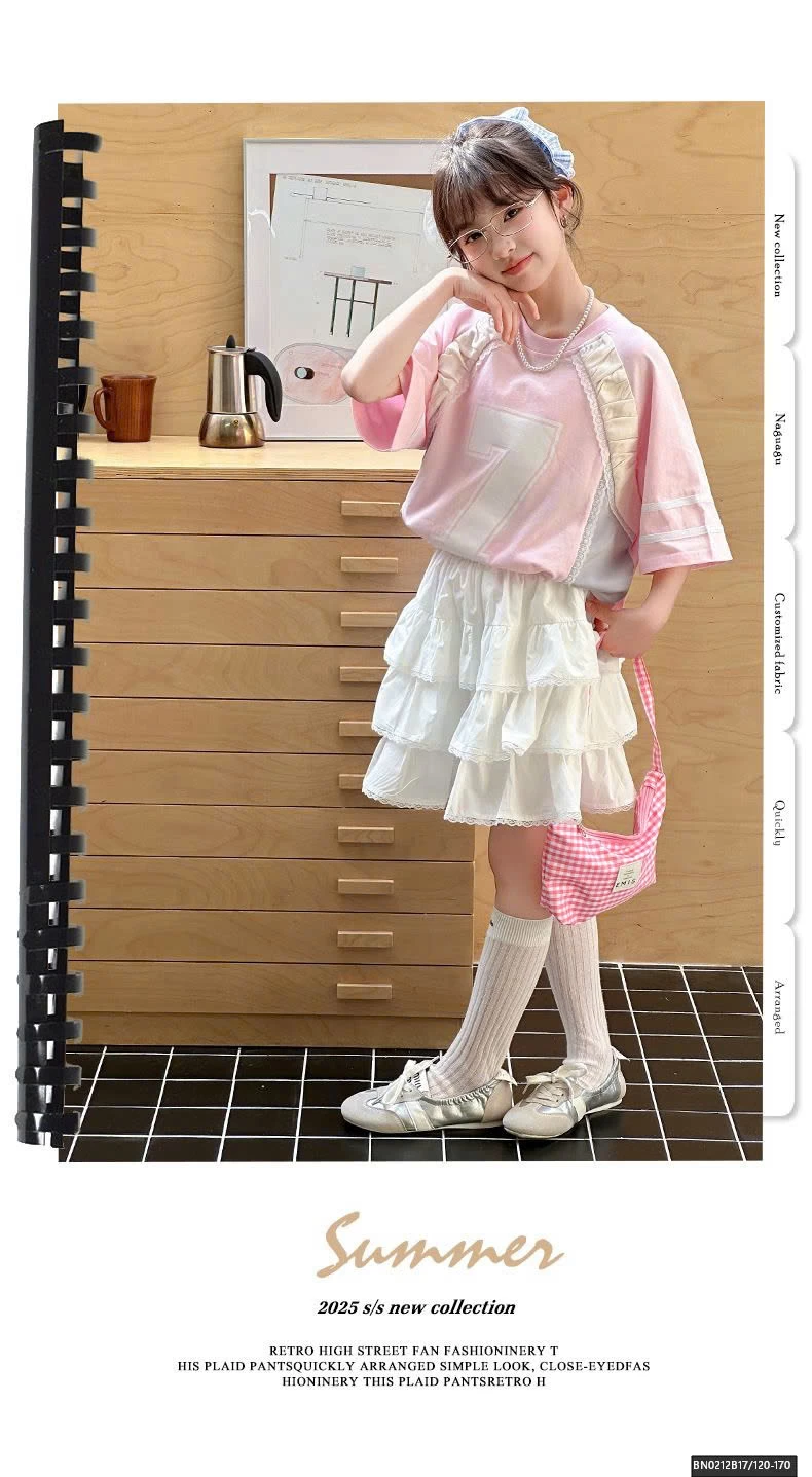 SET ÁO THUN HỒNG PHỐI REN MIX CHÂN VÁY TẦNG BÈO