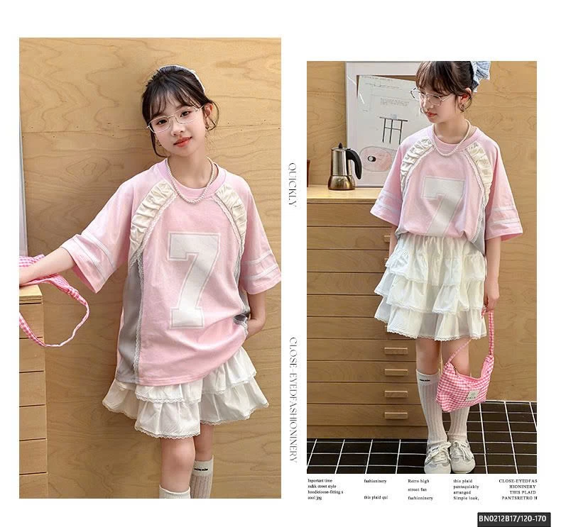 SET ÁO THUN HỒNG PHỐI REN MIX CHÂN VÁY TẦNG BÈO