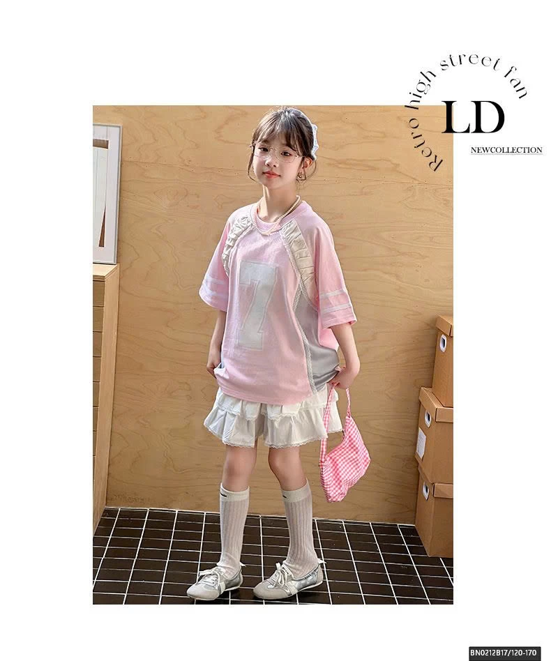 SET ÁO THUN HỒNG PHỐI REN MIX CHÂN VÁY TẦNG BÈO