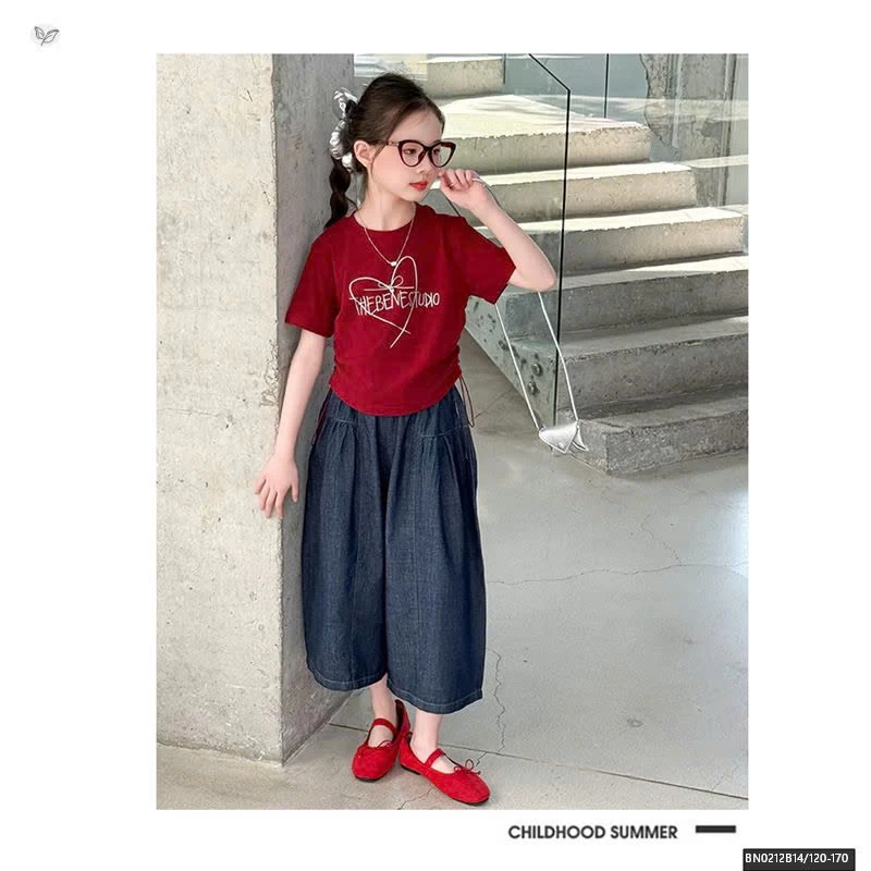 SÉT ÁO THUN ĐỎ RÚT EO MIX QUẦN DENIM DÁNG LỠ