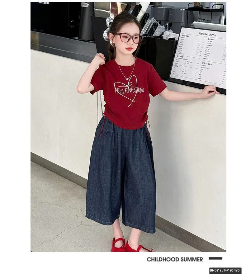 SÉT ÁO THUN ĐỎ RÚT EO MIX QUẦN DENIM DÁNG LỠ