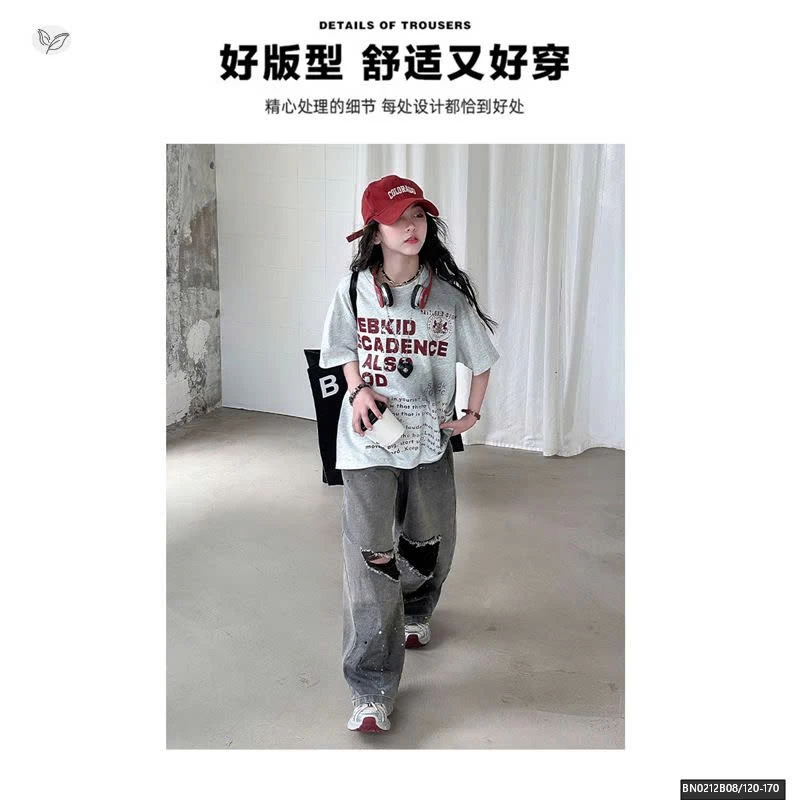 SÉT QUẦN JEAN XÁM RÁCH GỐI MIX ÁO THUN CHỮ NGẮN TAY