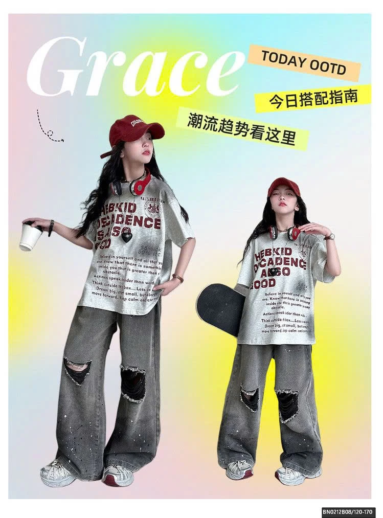 SÉT QUẦN JEAN XÁM RÁCH GỐI MIX ÁO THUN CHỮ NGẮN TAY