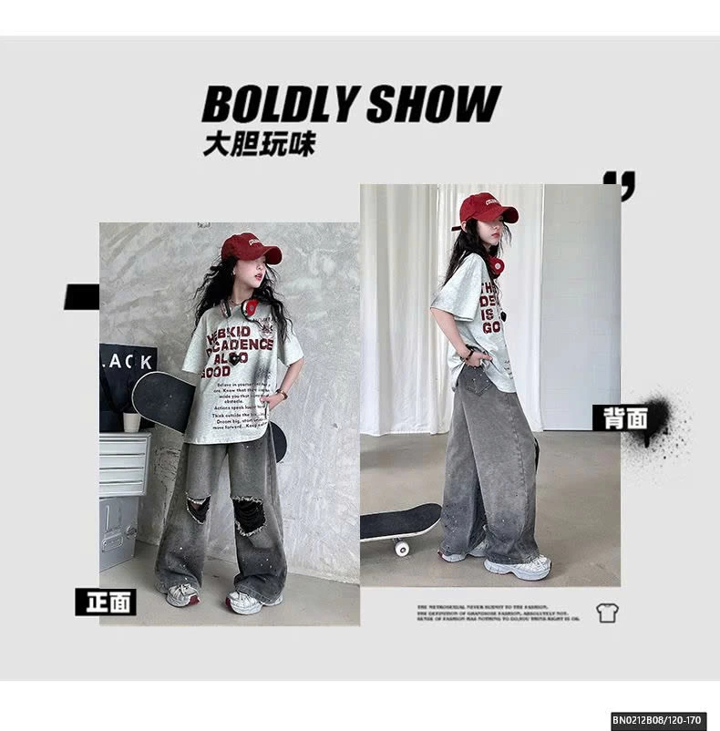 SÉT QUẦN JEAN XÁM RÁCH GỐI MIX ÁO THUN CHỮ NGẮN TAY