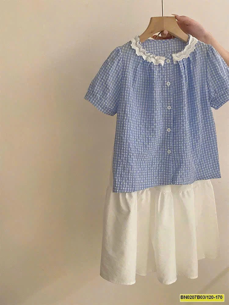 ÁO KẺ VIỀN REN PHỐI CHÂN VÁY DÁNG DÀI