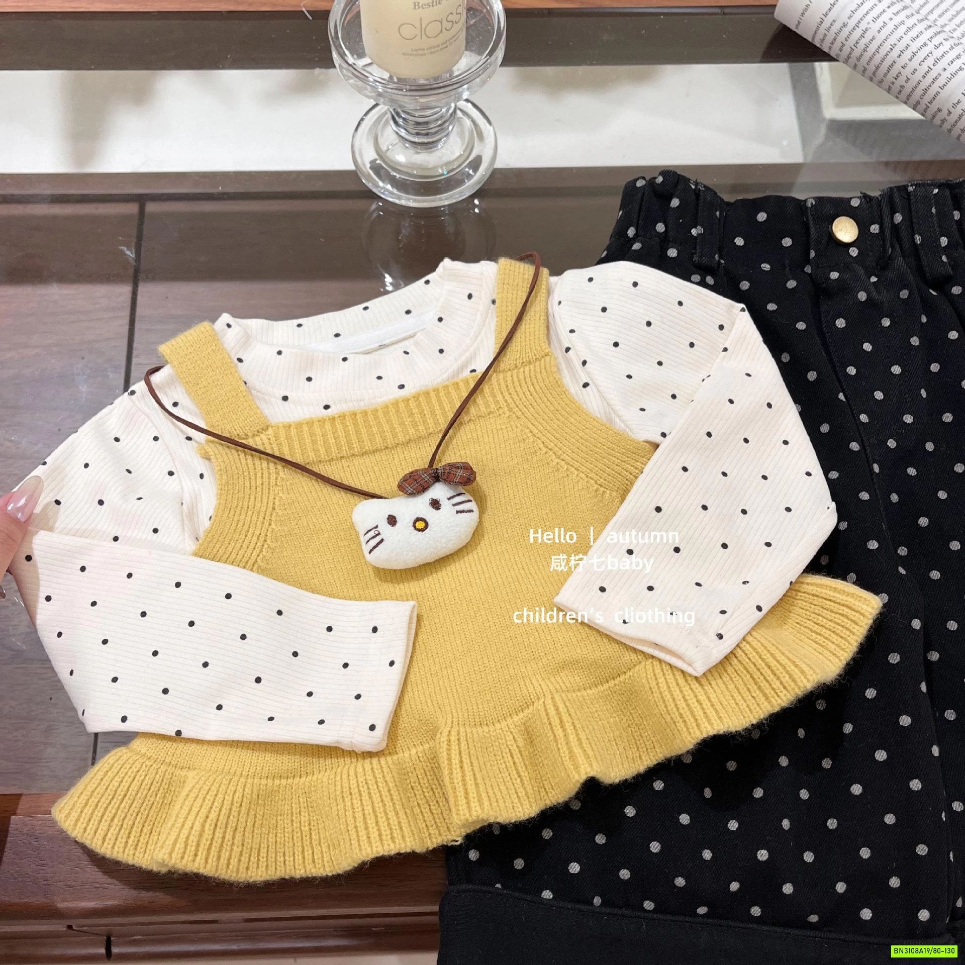 SET ÁO LEN VÀNG MIX QUẦN SUÔNG CHẤM BI