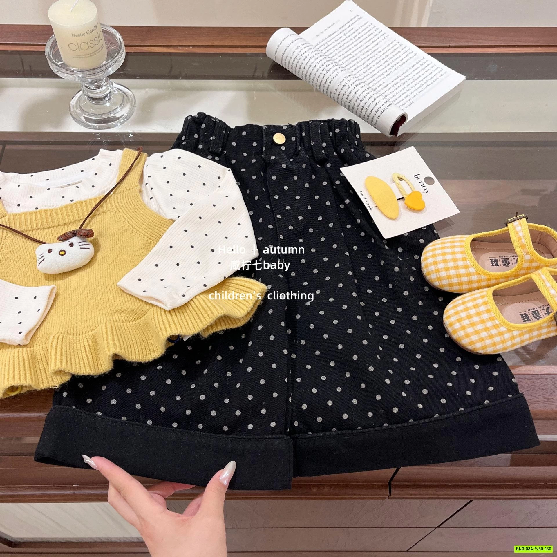 SET ÁO LEN VÀNG MIX QUẦN SUÔNG CHẤM BI