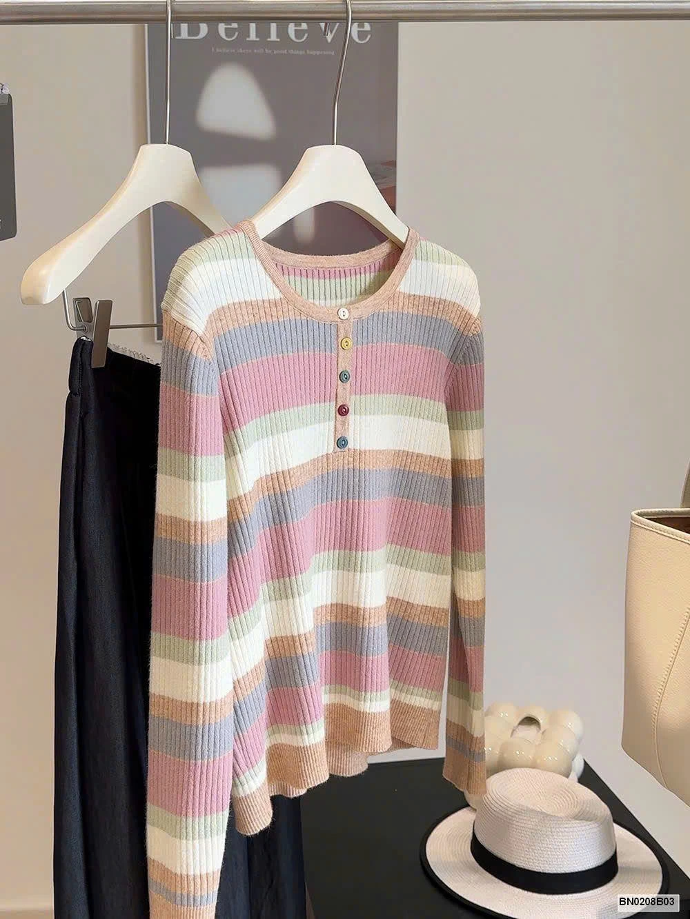 ÁO LEN KẺ SẮC MÀU CÚC NGỰC ANNA