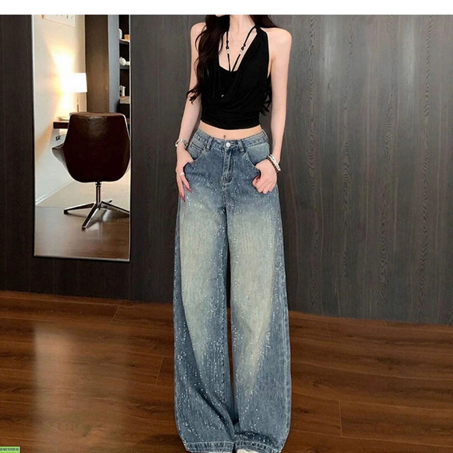 QUẦN JEAN ỐNG RỘNG ĐÍNH ĐÁ