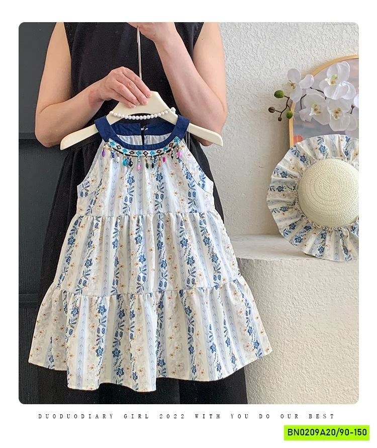 ĐẦM HOA CỔ YẾM ĐÍNH CƯỜM