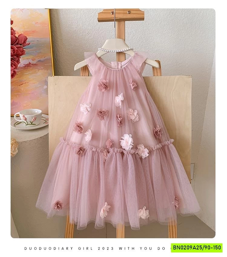 ĐẦM HOA HỒNG CÁNH TIÊN GẮN HOA 3D