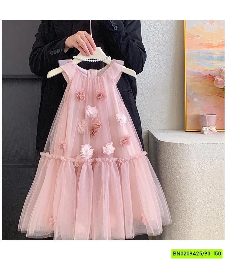 ĐẦM HOA HỒNG CÁNH TIÊN GẮN HOA 3D