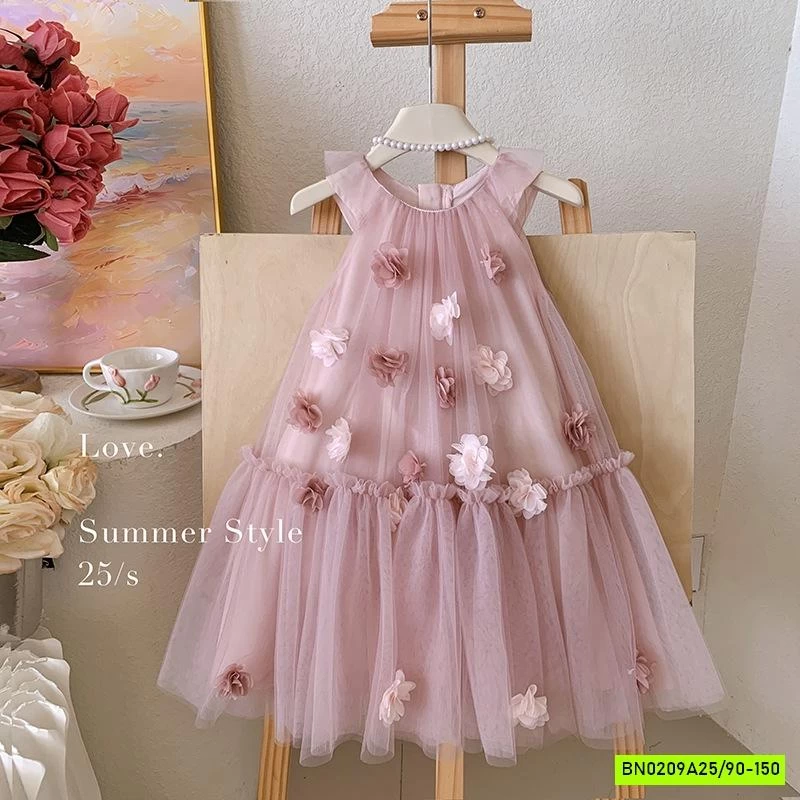 ĐẦM HOA HỒNG CÁNH TIÊN GẮN HOA 3D