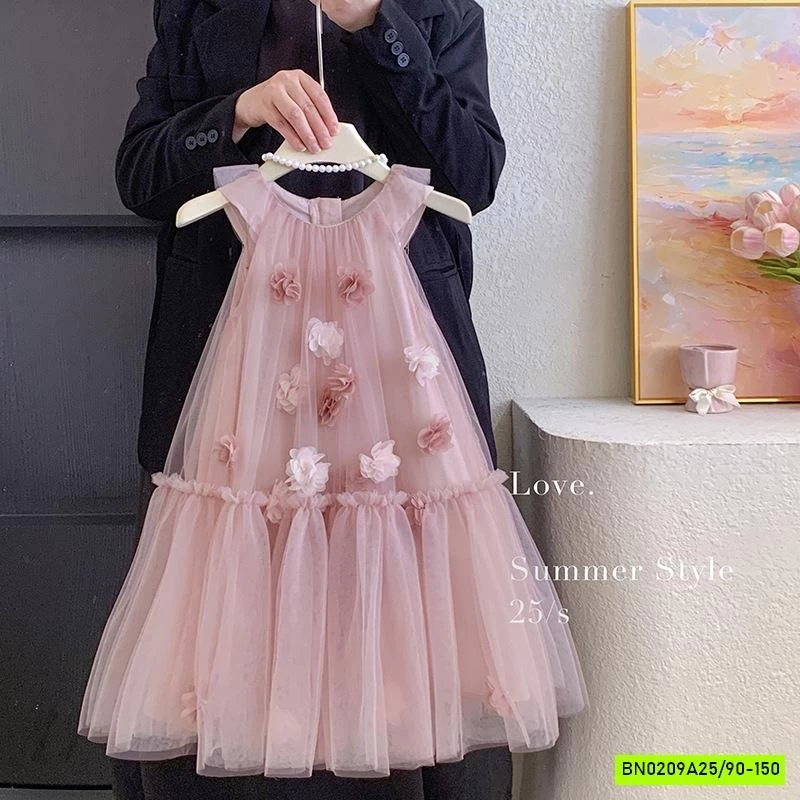 ĐẦM HOA HỒNG CÁNH TIÊN GẮN HOA 3D