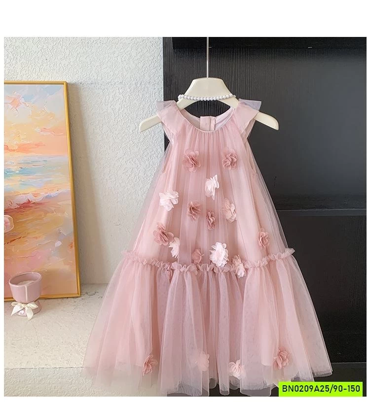 ĐẦM HOA HỒNG CÁNH TIÊN GẮN HOA 3D