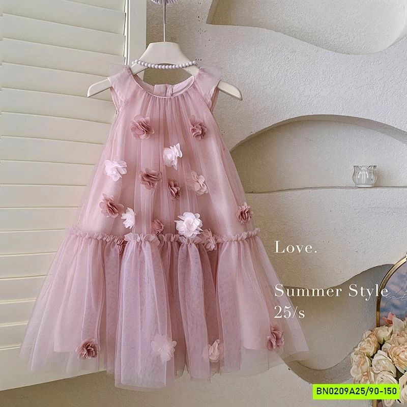 ĐẦM HOA HỒNG CÁNH TIÊN GẮN HOA 3D