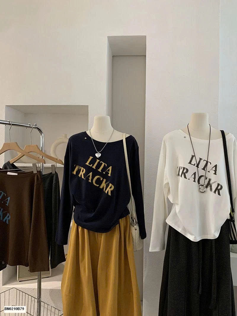 ÁO THUN DÀI TAY LỆCH VAI IN CHỮ CHO NỮ