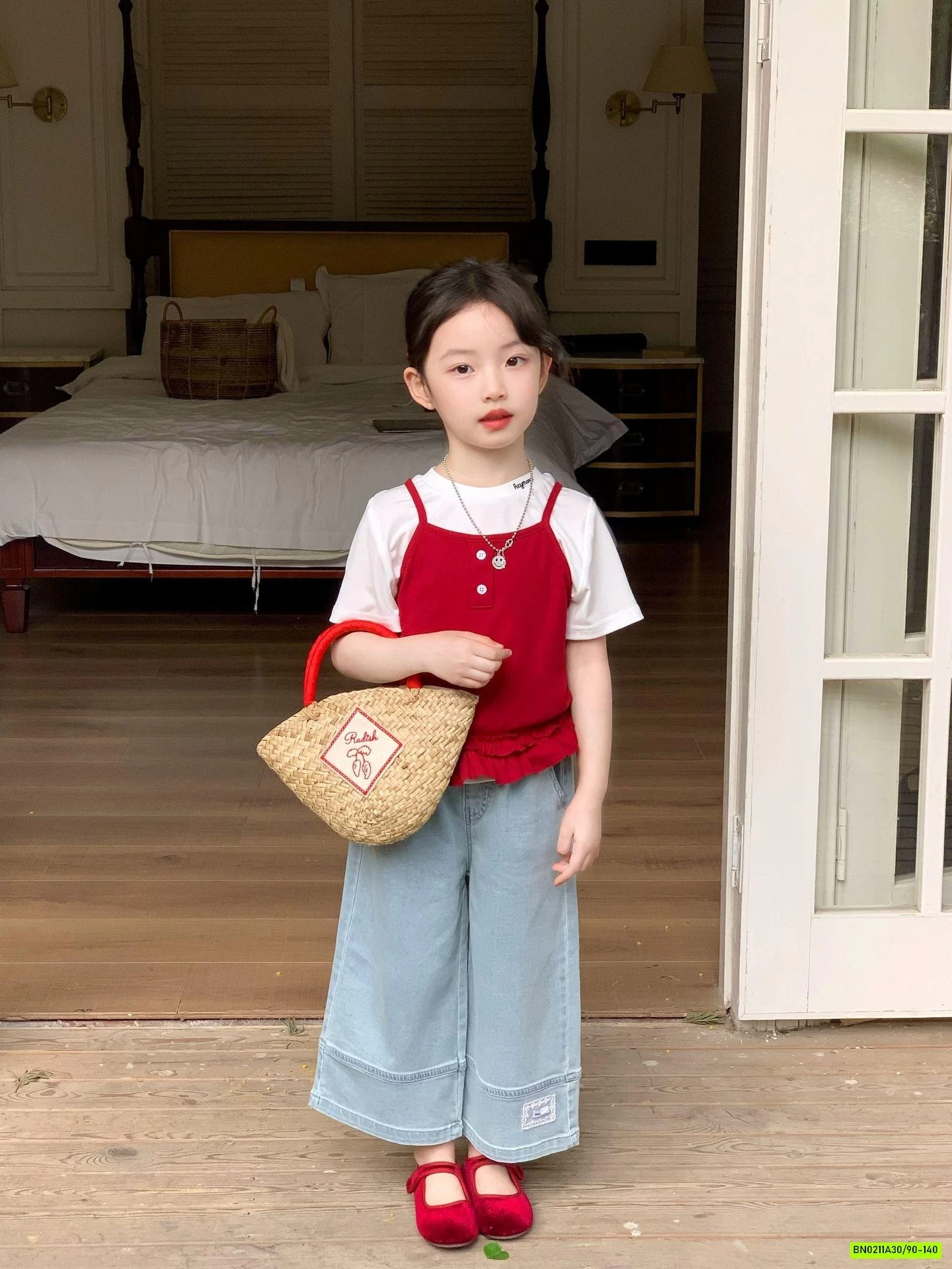 SÉT ÁO 2 DÂY ĐỎ MIX JEANS SUÔNG