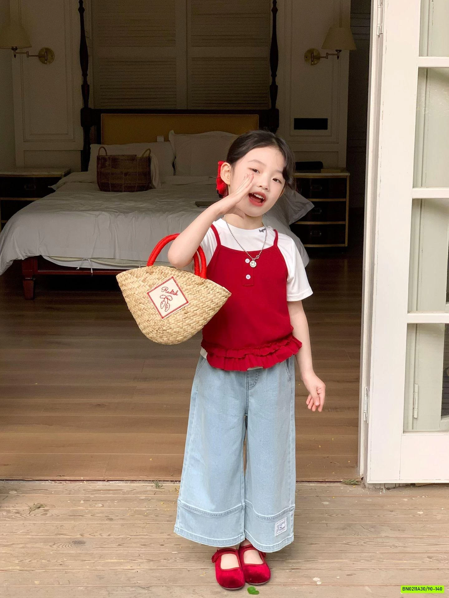 SÉT ÁO 2 DÂY ĐỎ MIX JEANS SUÔNG