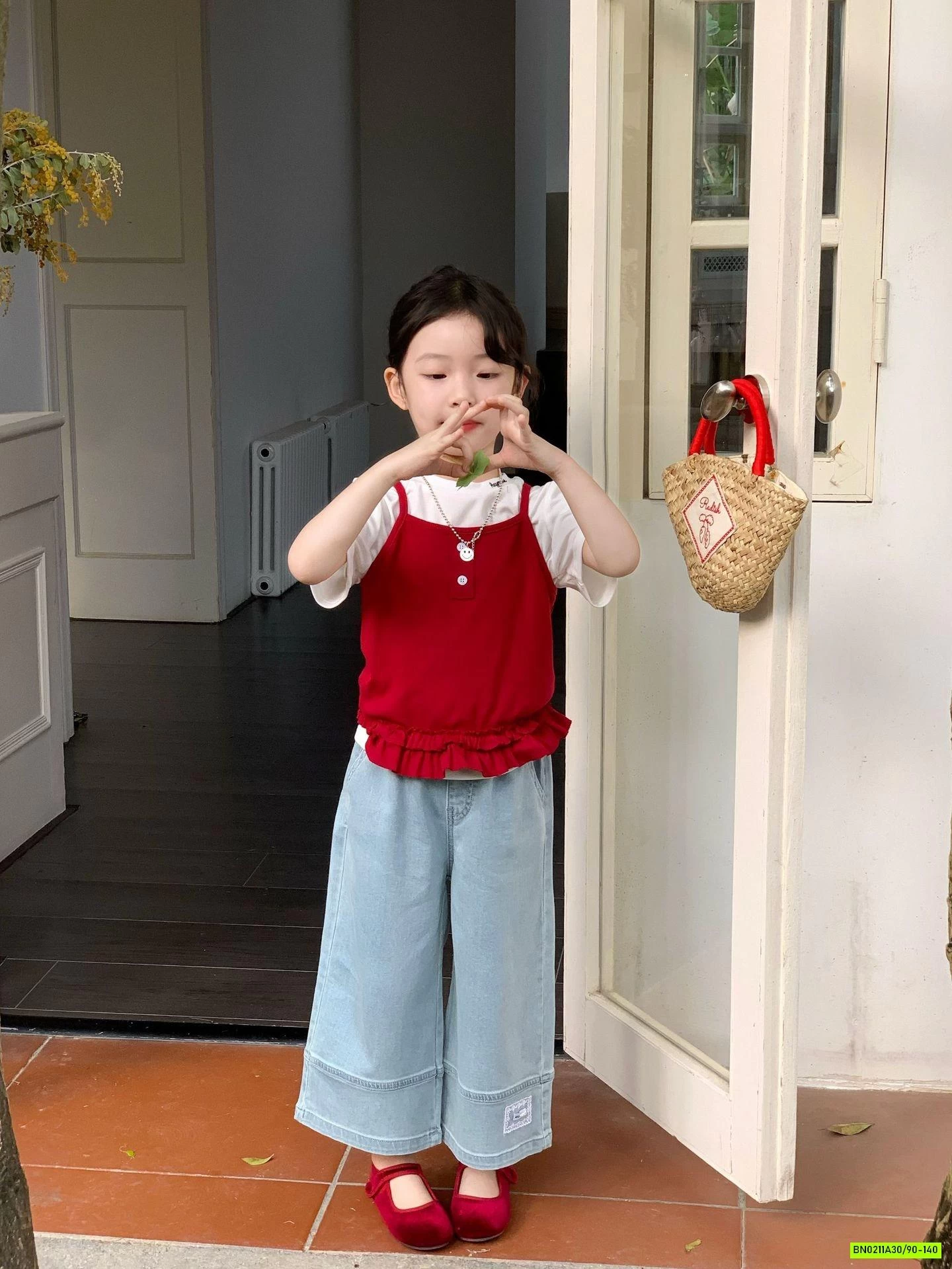 SÉT ÁO 2 DÂY ĐỎ MIX JEANS SUÔNG