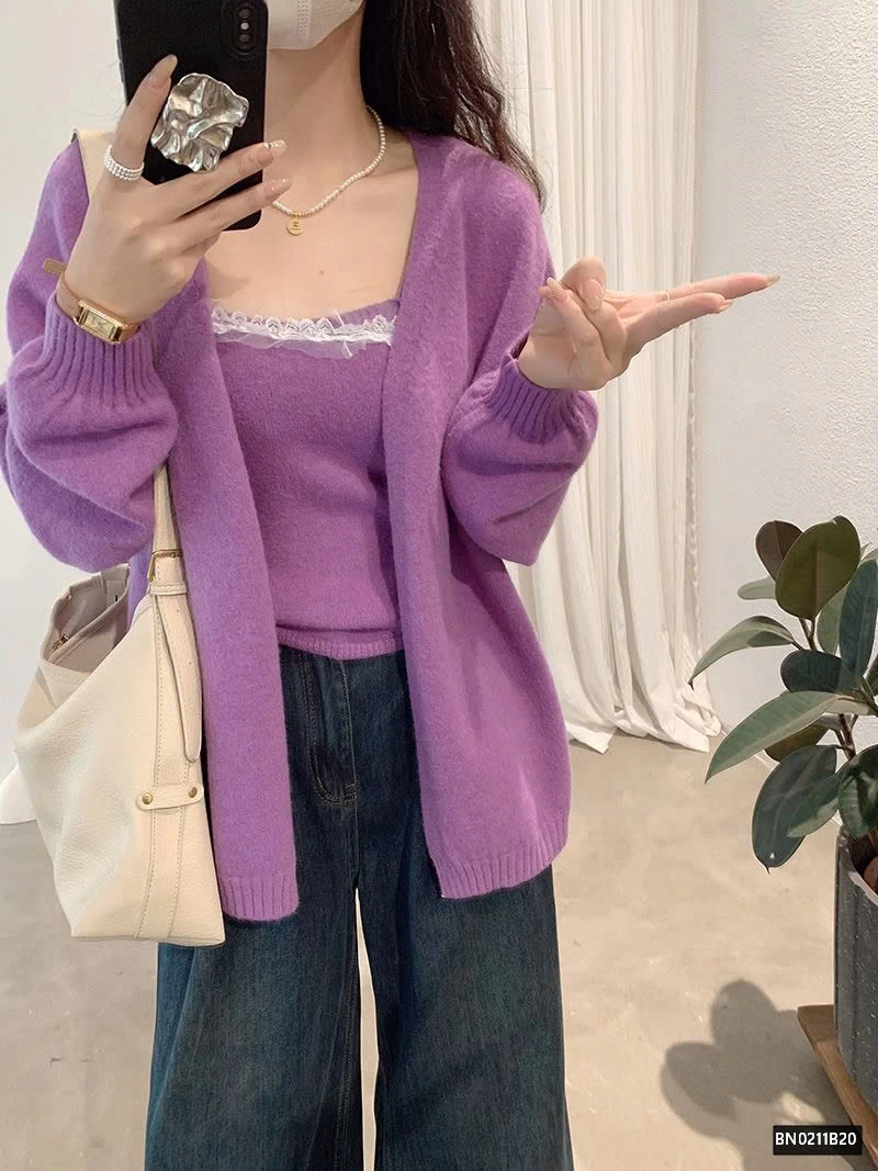SET ÁO 2 DÂY MIX CARDIGAN LEN CHO NỮ